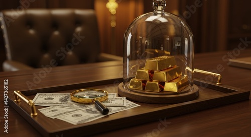 A luxurious display of gold bars under a glass dome on an elegant wooden table surrounded by dollar bills and a magnifying glass in a wealthy office setting