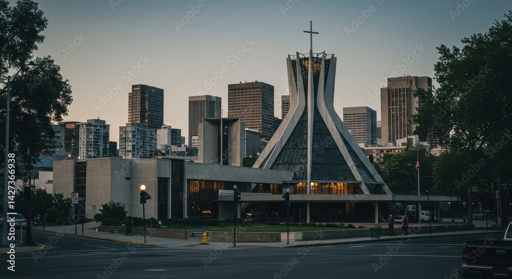 Fototapeta premium Modern church with triangular shape and glass facade at city intersection during sunset