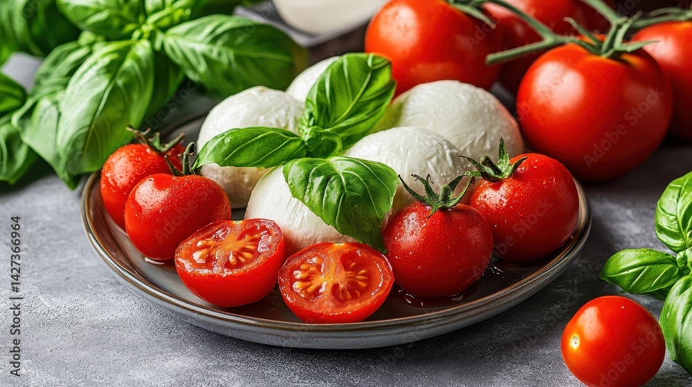 Fresh Mozzarella Cheese and Ripe Tomatoes with Basil on a Gray Plate Ready for a Delicious Salad or Appetizer Preparation Fresh Mozzarella Cheese and Ripe Tomatoes with Basil on a Gray Plate Ready for a Delicious Salad or Appetizer Preparation