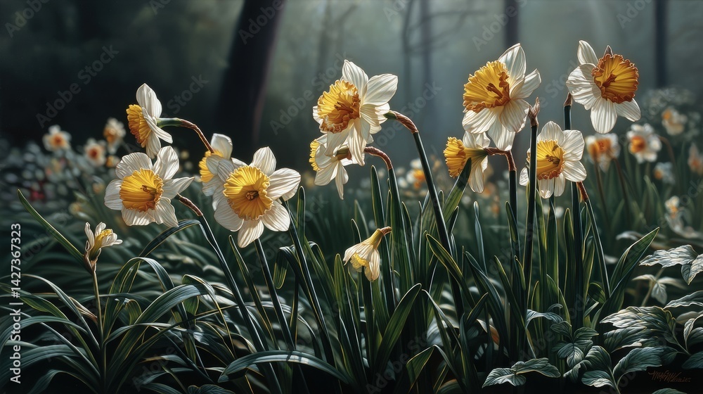 Obraz premium Morning daffodils blooming natural garden realistic photograph soft light ground level floral beauty