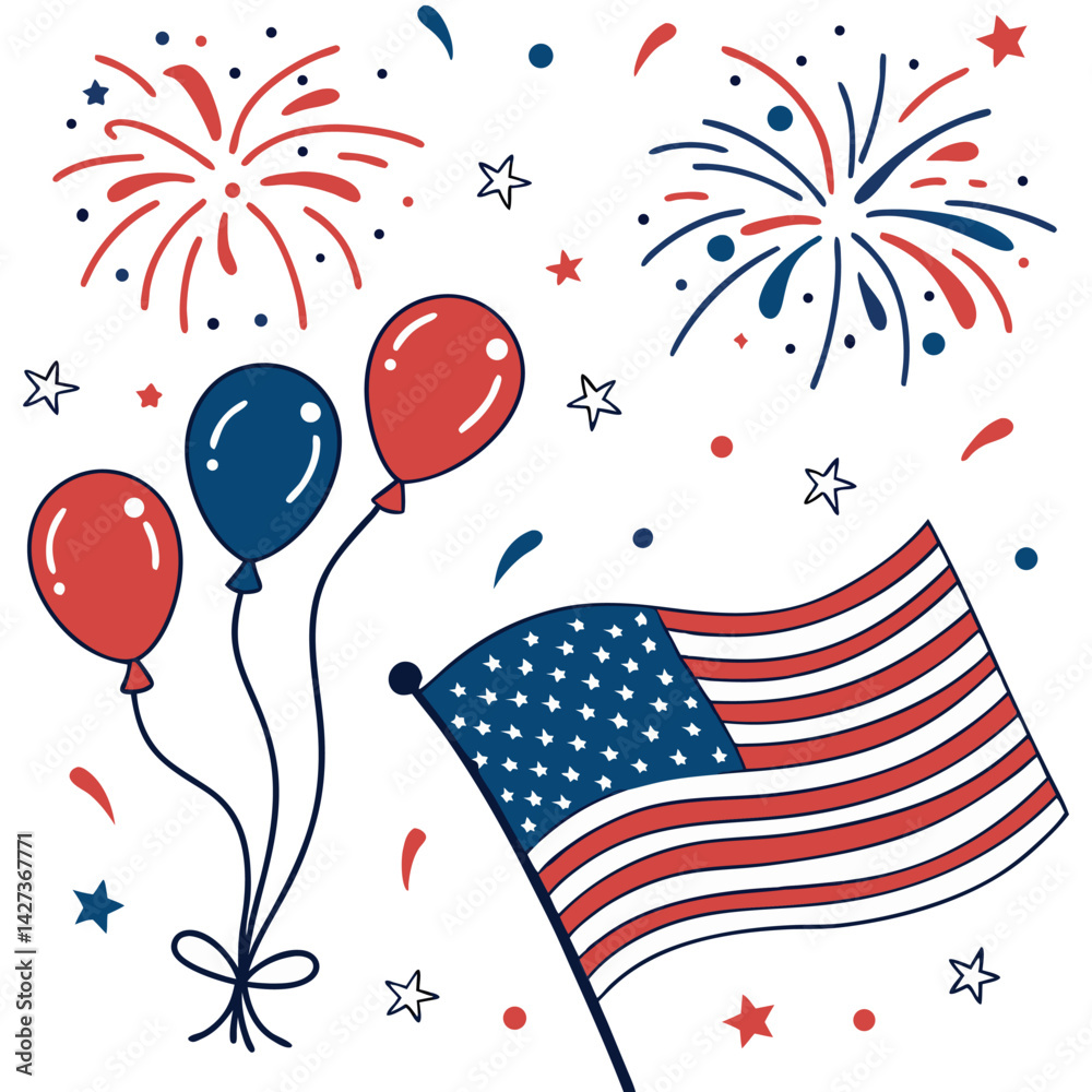 Obraz premium 4th of July Celebration with Fireworks and American Flag – Vector Illustration