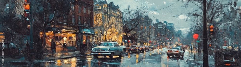 Obraz premium Rainy street scene with vintage cars and buildings.
