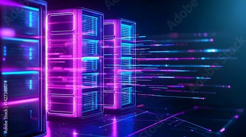 Neon Glowing Server Racks In Data Center