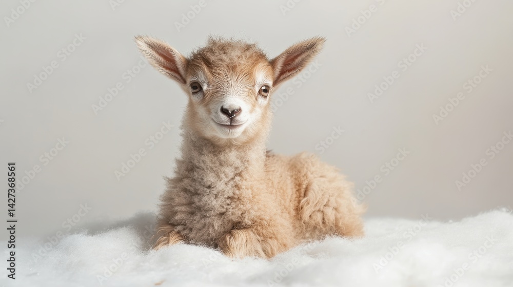 Obraz premium A cute lamb is resting on a fluffy surface, looking directly at the camera. Its soft, curly wool and adorable expression evoke feelings of tenderness and warmth.