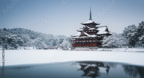 Wallpaper Mural Traditional Japanese temple with red and white color scheme by a frozen lake in winter Torontodigital.ca