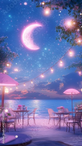 3D pink moon, beach, glitter, cafe, romantic couple background --ar 9:16 --raw --profile ynktqqk mauyv6i --v 6.1 