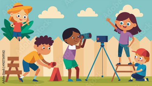 A group of children excitedly set up a DIY obstacle course in their backyard strategically placing their camera in different positions to give their. Vector illustration