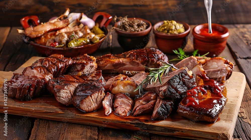 An enticing display of asado is attractively presented. The asado, a traditional and beloved outdoor barbecue in Argentina and other South American countries, features a variety of meats grilling on a An enticing display of asado is attractively presented. The asado, a traditional and beloved outdoor barbecue in Argentina and other South American countries, features a variety of meats grilling on a