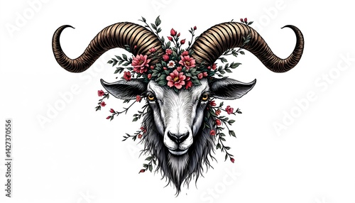 Wallpaper Mural Floral Crowned Ram: A captivating illustration of a majestic ram, its powerful horns adorned with a vibrant floral crown, exudes a captivating aura of strength, beauty, and resilience.  Torontodigital.ca