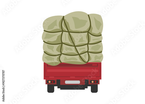 Pick up car carrying overloaded goods. Rear view. Simple flat illustration.