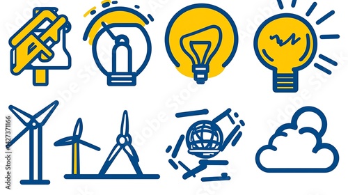 Collection of line art icons depicting innovation, technology, and renewable energy