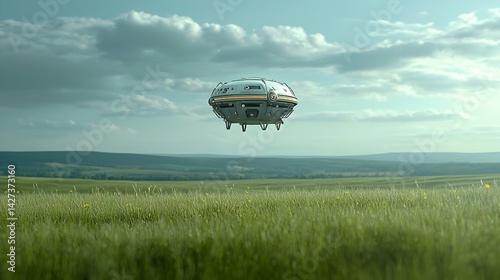 Pixelated Flying Object Over Green Field Landscape