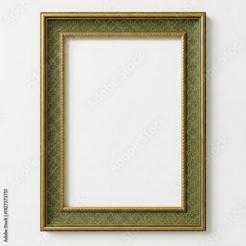 A rectangular ornate picture frame with subtle traditional Middle Eastern patterns in earth tones on a white background. Minimal design elements, soft golds and greens for a clean modern-traditional