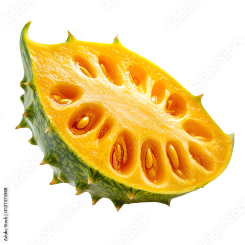 Kiwano fruit slice vibrant yellow flesh exotic seeds photo