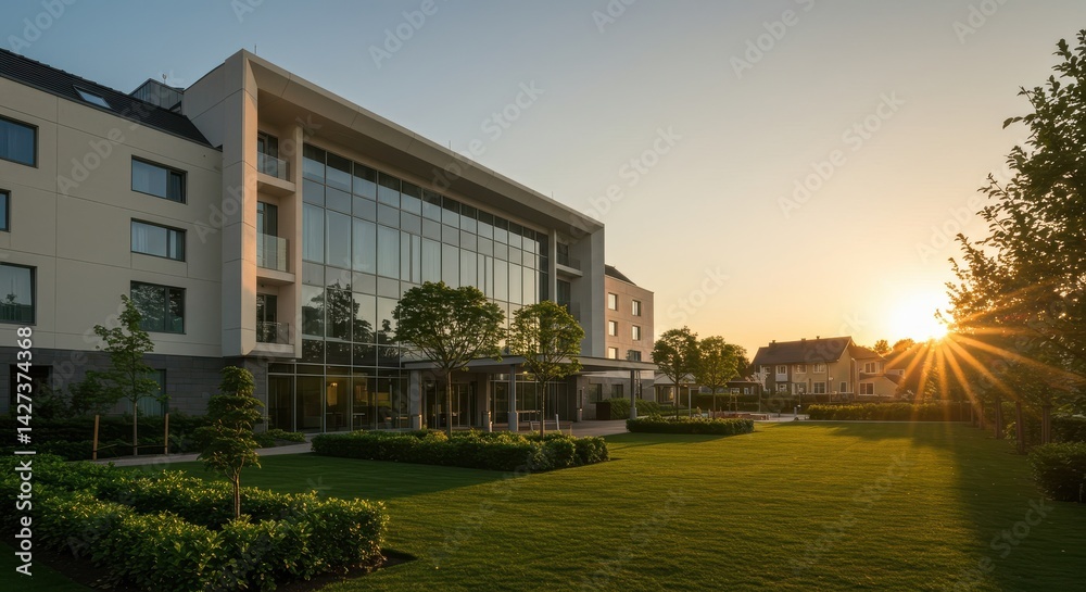 Fototapeta premium Modern building with glass facade and garden at sunset
