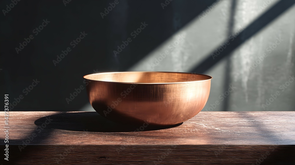 Copper Bowl Placed on Wooden Surface with Light Streaks Against Grey Backdrop Copper Bowl Placed on Wooden Surface with Light Streaks Against Grey Backdrop