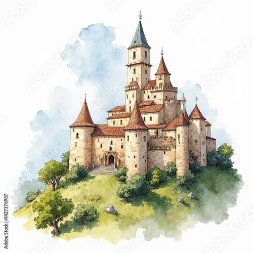 Majestic Medieval Castle on Hilltop, Fairytale Architecture, Watercolor Illustration