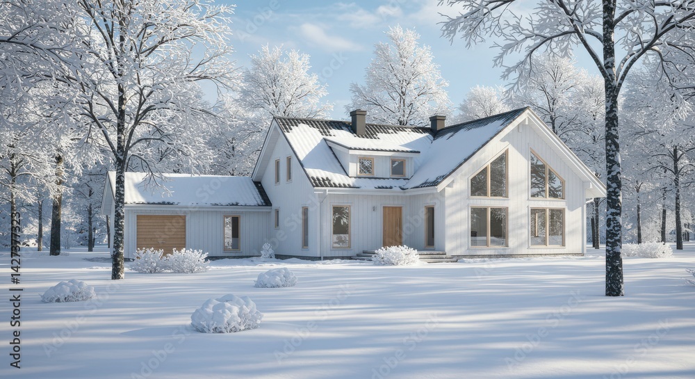 Modern white two-story house in a snowy winter landscape with a clear blue sky Modern white two-story house in a snowy winter landscape with a clear blue sky