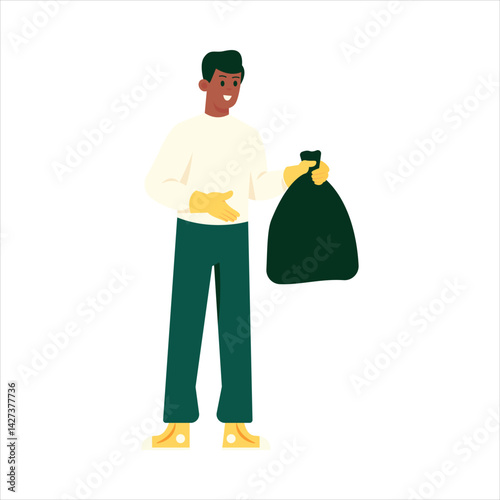 Illustration man holding trash bag
