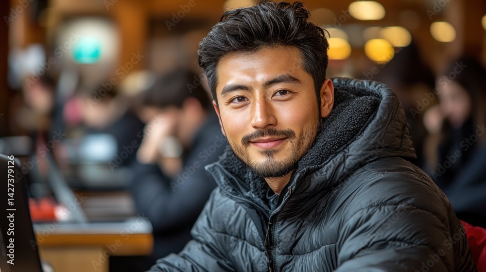 Fototapeta premium Portrait of a Smiling Asian Man in a Cafe