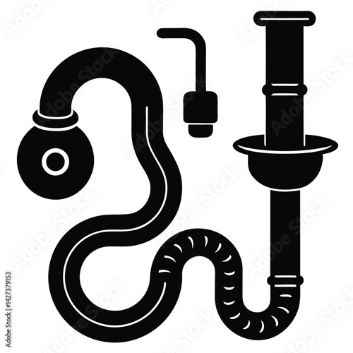 isolated Black vector Plamber Element plumbing tools drain snake auger WIith White Background