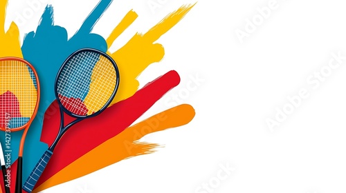 Colorful badminton rackets against vibrant splash background