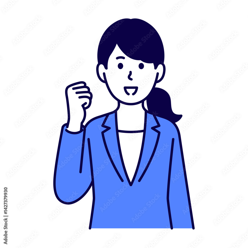 笑顔でガッツポーズするスーツ姿の女性 笑顔でガッツポーズするスーツ姿の女性