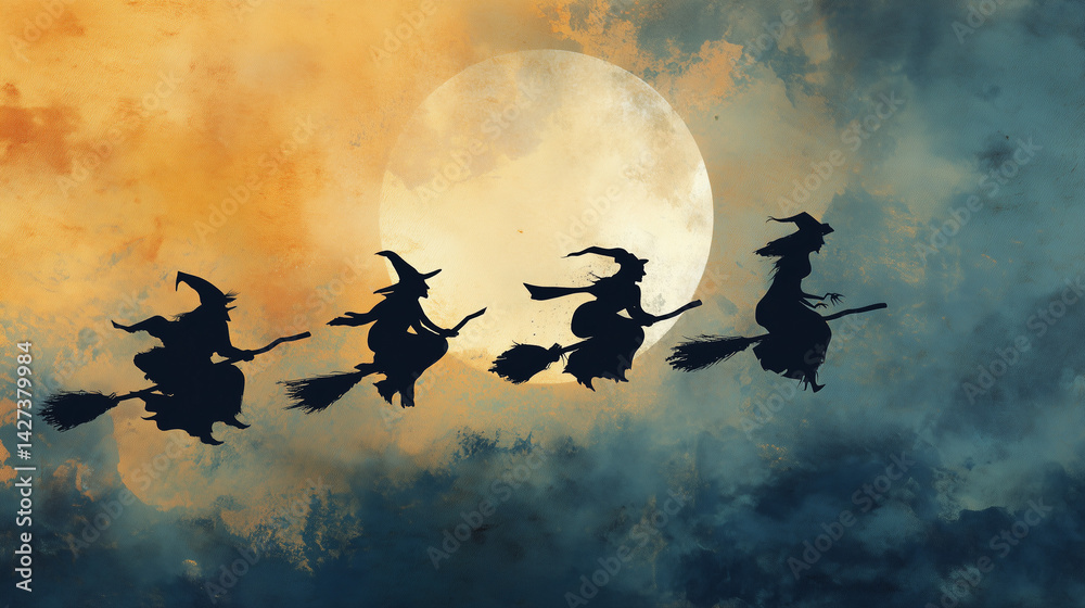 Fototapeta premium Halloween Witches Silhouette Wallpaper Background