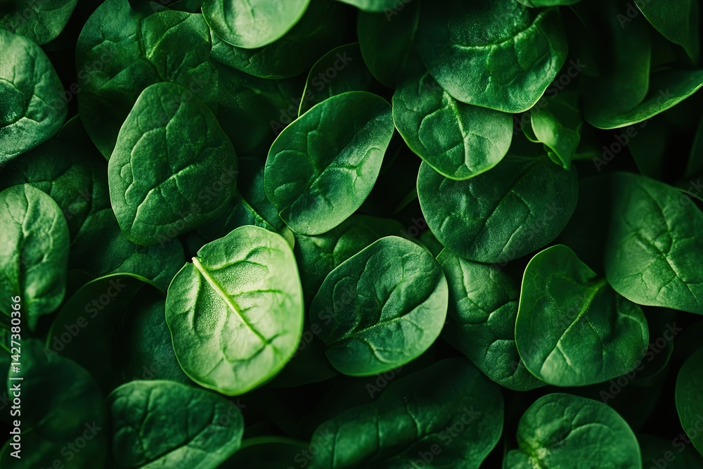 Obraz premium A close-up shot of fresh spinach leaves, symbolizing health and wellness in an urban kitchen setting. The vibrant green color is accentuated by the natural light, creating a visually appealing
