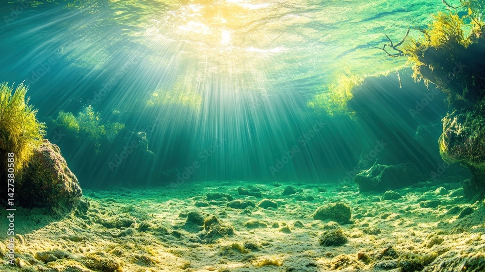 Fototapeta premium Sunlight pierces a vibrant underwater scene.