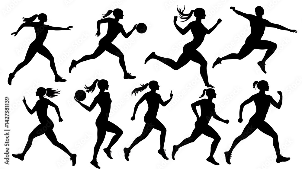 Collection of female athletes in dynamic poses; running, jumping, throwing Collection of female athletes in dynamic poses; running, jumping, throwing
