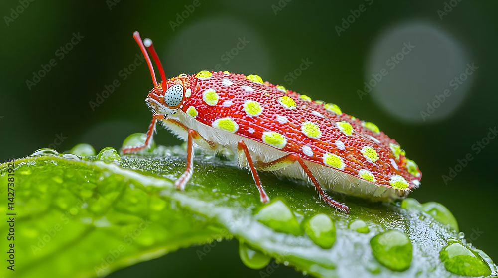 Naklejka premium Colorful Spotted Beetle On Dewy Leaf