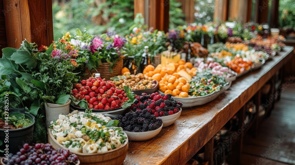 Fototapeta premium Rustic Farm-to-Table Feast: A Bountiful Spread of Fresh Produce and Berries