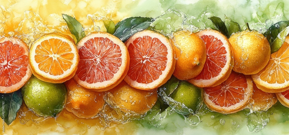 Vibrant Citrus Burst: A Watercolor Delight of Grapefruits, Oranges, Lemons, and Limes Vibrant Citrus Burst: A Watercolor Delight of Grapefruits, Oranges, Lemons, and Limes