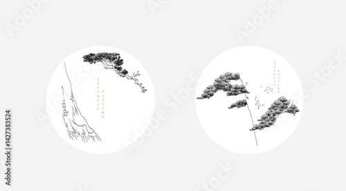 Japanese background with Bonsai tree element template vector. Abstract pattern with card design. Traditional nature layout design in vintage style