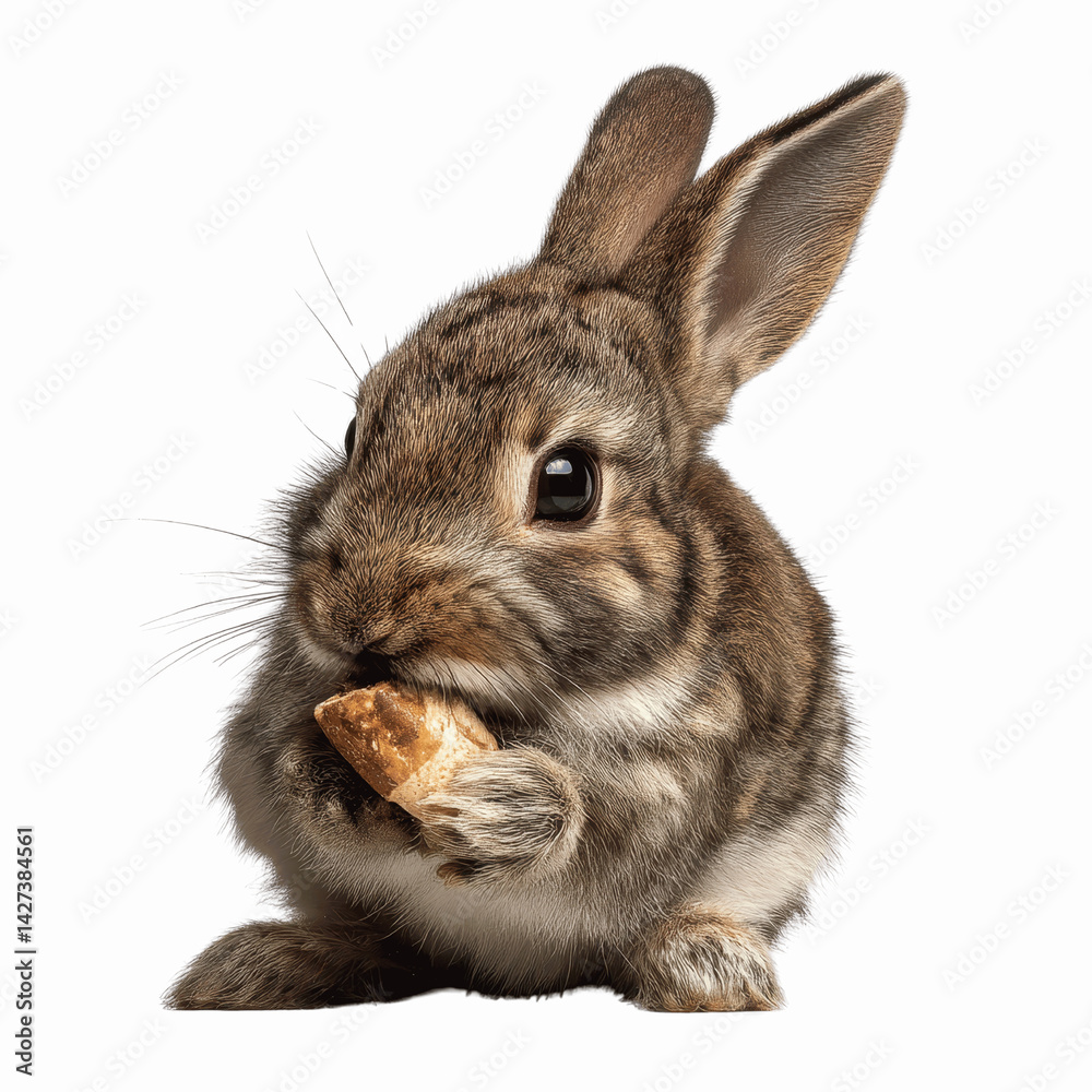 Obraz premium Adorable Grey Rabbit Enjoying a Tasty Treat Against a Red Background