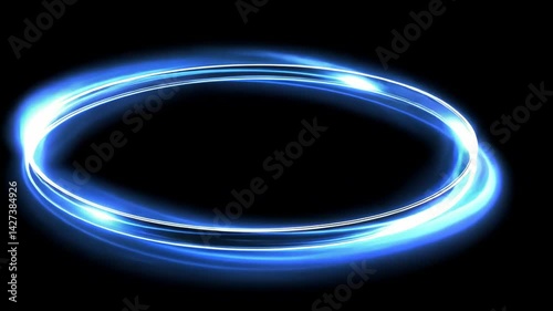 Dynamic blue glowing rings in motion against a dark background. Abstract lines of energy creating an oval effect with light trails.