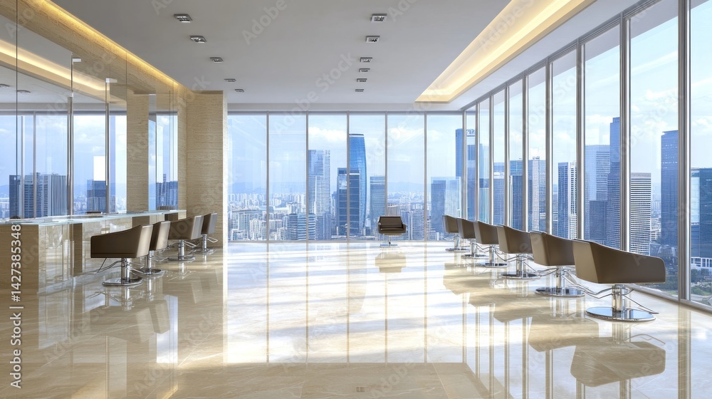 Modern penthouse salon with panoramic city views. Modern penthouse salon with panoramic city views.