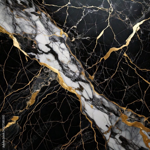 A luxurious marble pattern featuring intricate veins in gold and silver, set against a backdrop of deep black marble. The design exudes elegance and modern sophistication