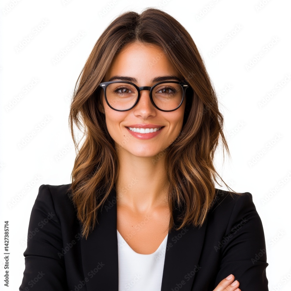 Fototapeta premium Confident businesswoman in professional attire, medium-length brown hair, glasses, friendly smile, isolated on white background, ideal for corporate use