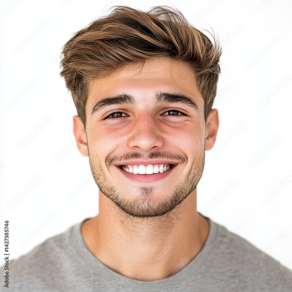 Fototapeta premium Cheerful Young Man with Brown Hair and Friendly Smile Against White Background