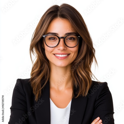 Confident businesswoman in professional attire, medium-length brown hair, glasses, friendly smile, isolated on white background, ideal for corporate use
