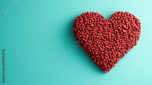 Intricate heart assembled from tiny red hearts on a calm teal background