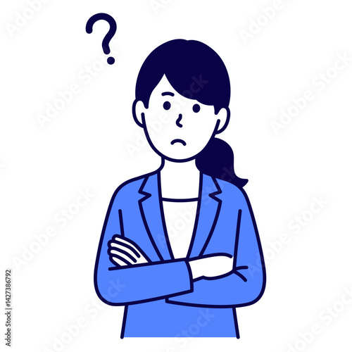 首をかしげて考えるスーツ姿の女性
