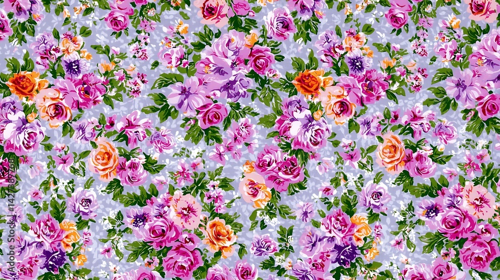 Obraz premium Vibrant floral textile pattern featuring densely arranged roses in various shades of pink, orange, and purple on a light grey background