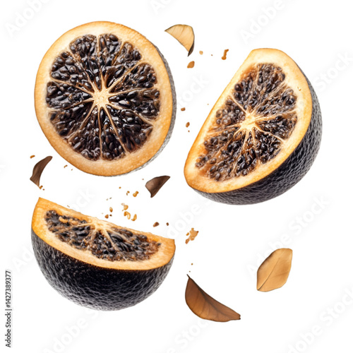 Exploding Citrus Fruit Slices Dark Seeds Orange Peel