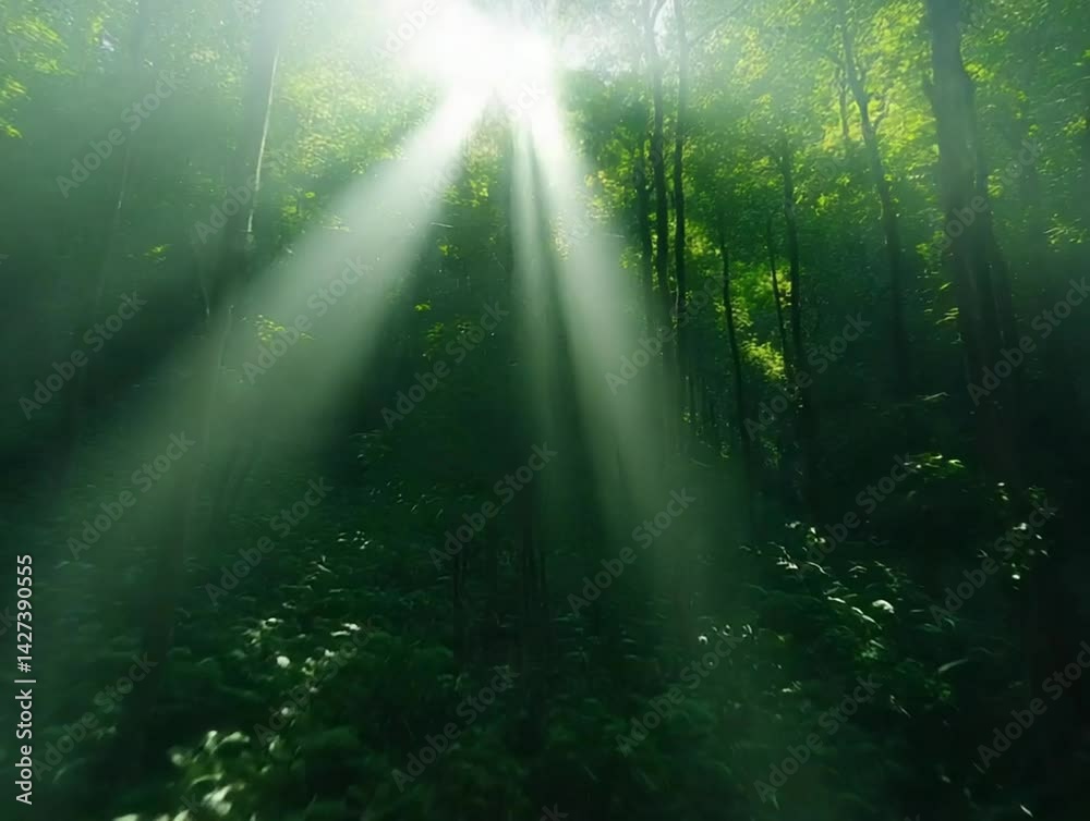 Sunbeams in Lush Green Forest.