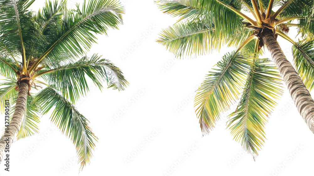 Fototapeta premium Two towe palm trees reach towards the bright sky with their lush green fronds creating a serene tropical atmosphere perfect for a summer vacation scene.