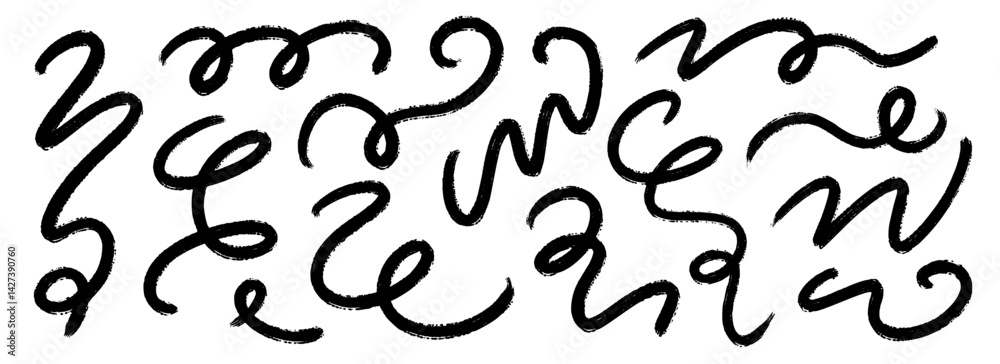 Black squiggle paint line set. Wiggly brush stroke collection. Charcoal curly flourish pack for highlight, underline, emphasis. Organic crayon chalk wavy strips. Vector rough scribble swoosh stripes Black squiggle paint line set. Wiggly brush stroke collection. Charcoal curly flourish pack for highlight, underline, emphasis. Organic crayon chalk wavy strips. Vector rough scribble swoosh stripes