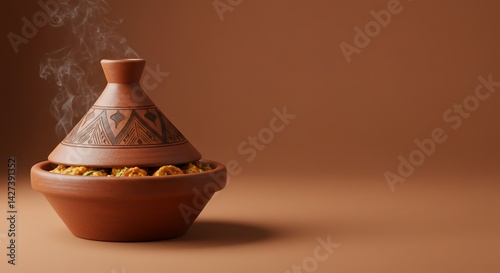 Steaming stew in a tagine, served in a traditional earthenware pot.